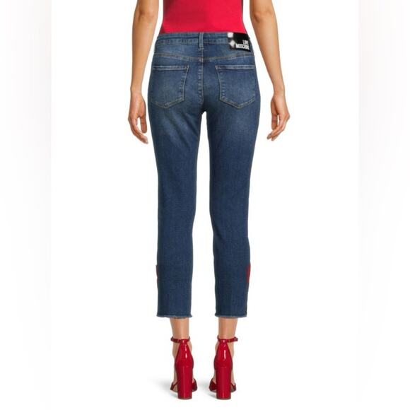 Love Moschino Jeans High Rise Heart Patch Cropped Blue Cotton Womens 31 - Picture 2 of 12